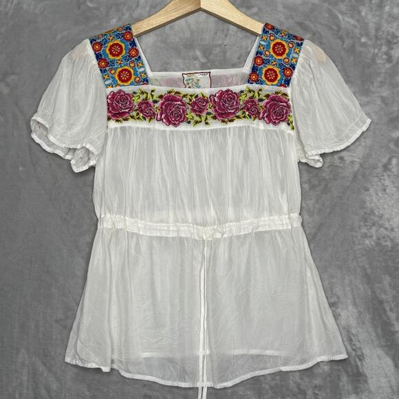 Johnny Was Tops - Johnny Was Blouse Womens XS White Embroidered Floral Boho Sheer Rayon Top